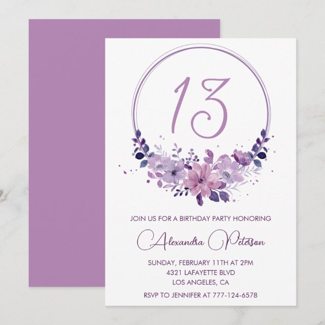 Cartes d'invitation élégantes pour 13 ans Fleurs V (Devant / Derrière)