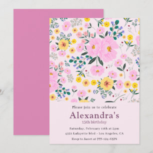 Cartes d'invitation élégantes pour 13 ans Rose Flo