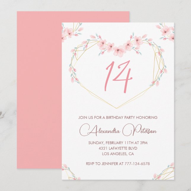 Cartes d'invitation élégantes pour 14 ans Fleurs r (Devant / Derrière)