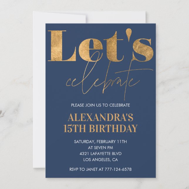 Cartes d'invitation élégantes pour 15 ans Navy Or  (Devant)