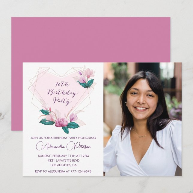 Cartes d'invitation élégantes pour 16 ans avec pho (Devant / Derrière)