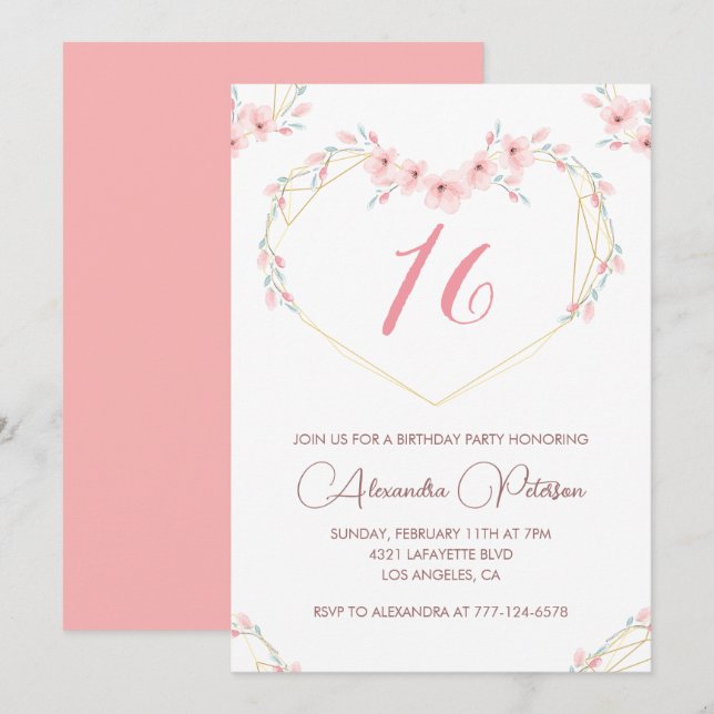 Cartes d'invitation élégantes pour 16 ans Fleurs r (Devant / Derrière)