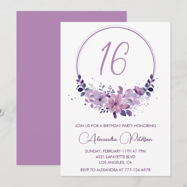 Cartes d'invitation élégantes pour 16 ans Fleurs V (Devant / Derrière)