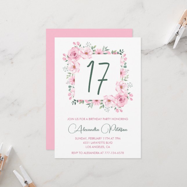 Cartes d'invitation élégantes pour 17 ans Fleurs R (Devant/Arrière en situation)