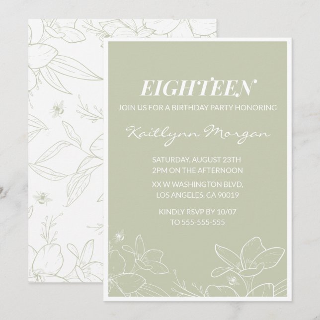 Cartes d'invitation élégantes pour 18 ans Fleurs M (Devant / Derrière)