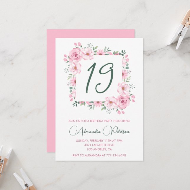 Cartes d'invitation élégantes pour 19ème anniversa (Devant/Arrière en situation)