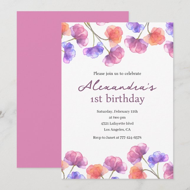 Cartes d'invitation élégantes pour 1er anniversair (Devant / Derrière)
