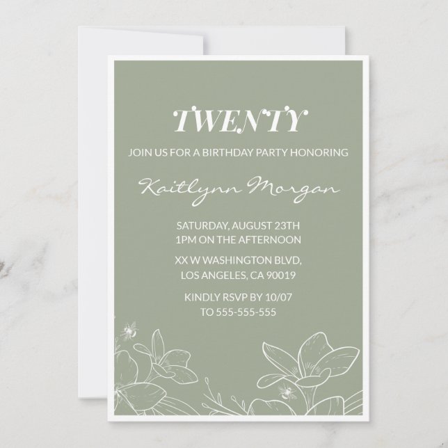 Cartes d'invitation élégantes pour 20 ans Floral V (Devant)