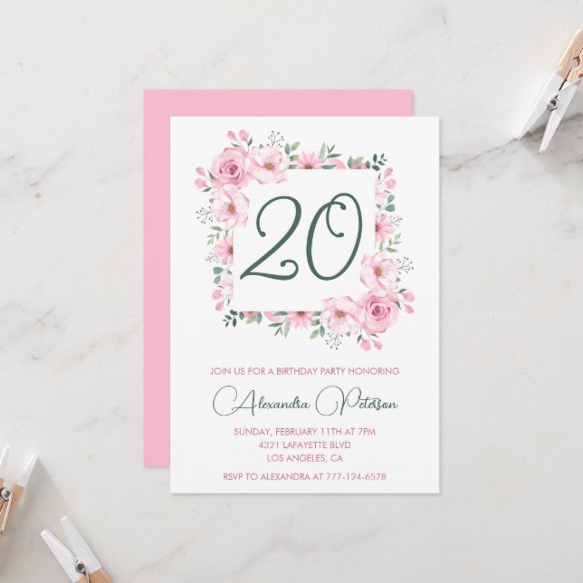 Cartes d'invitation élégantes pour 20e anniversair (Devant/Arrière en situation)