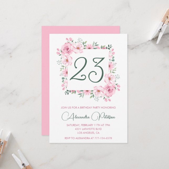 Cartes d'invitation élégantes pour 23ème anniversa (Devant/Arrière en situation)