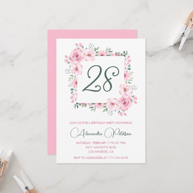 Cartes d'invitation élégantes pour 28ème anniversa (Devant/Arrière en situation)