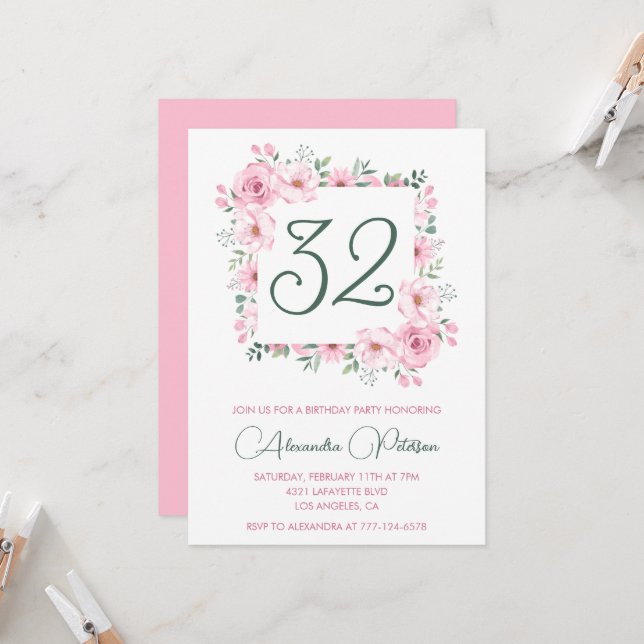 Cartes d'invitation élégantes pour 32ème anniversa (Devant/Arrière en situation)