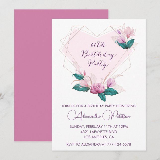 Cartes d'invitation élégantes pour 60 ans Fleurs r (Devant / Derrière)
