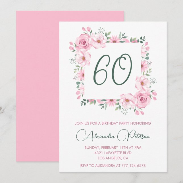 Cartes d'invitation élégantes pour 60 ans Fleurs R (Devant / Derrière)
