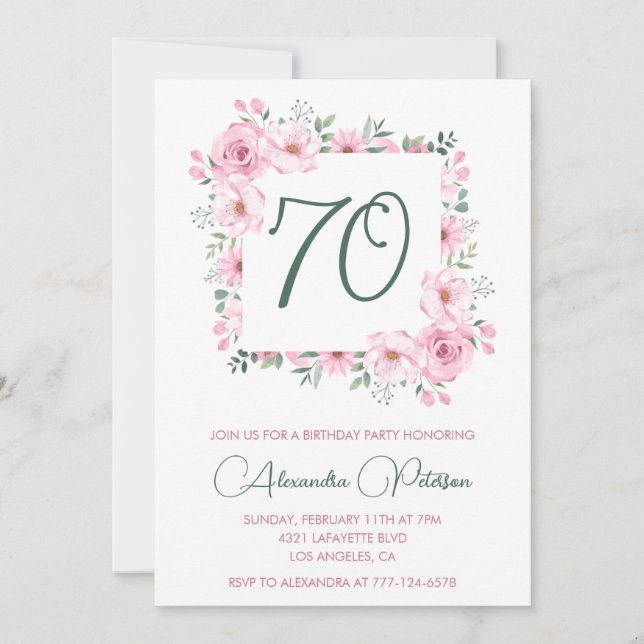 Cartes d'invitation élégantes pour 70 ans Fleurs R (Devant)