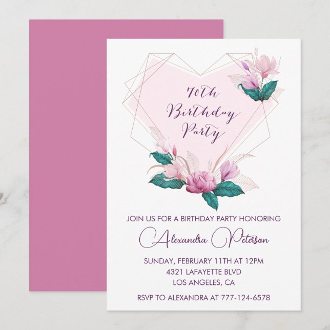 Cartes d'invitation élégantes pour 70 ans Fleurs r (Devant / Derrière)