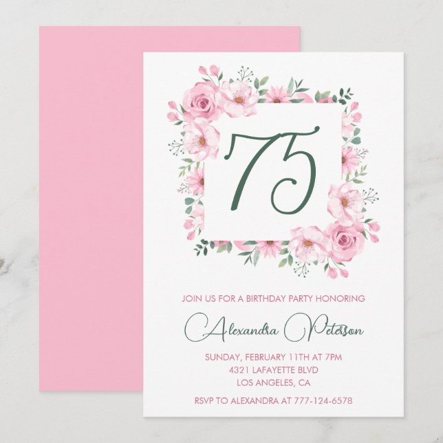 Cartes d'invitation élégantes pour 75 ans Fleurs R (Devant / Derrière)
