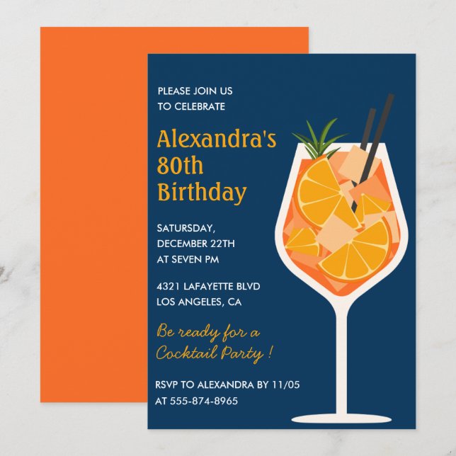 Cartes d'invitation élégantes pour 80 ans Cocktail (Devant / Derrière)