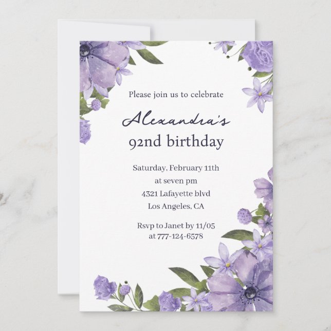 Cartes d'invitation élégantes pour 92e anniversair (Devant)
