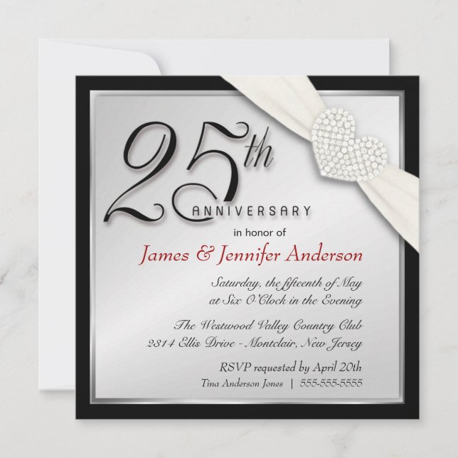 Cartes d'invitation élégantes pour la 25e fête d'a (Devant)