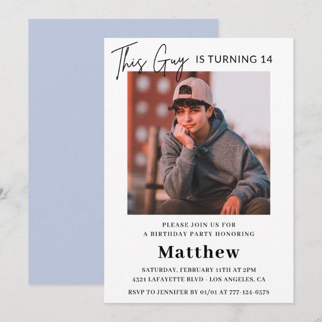 Cartes d'invitation élégantes pour les 14 ans garç (Devant / Derrière)