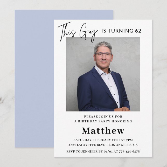 Cartes d'invitation élégantes pour les 62 ans Homm (Devant / Derrière)
