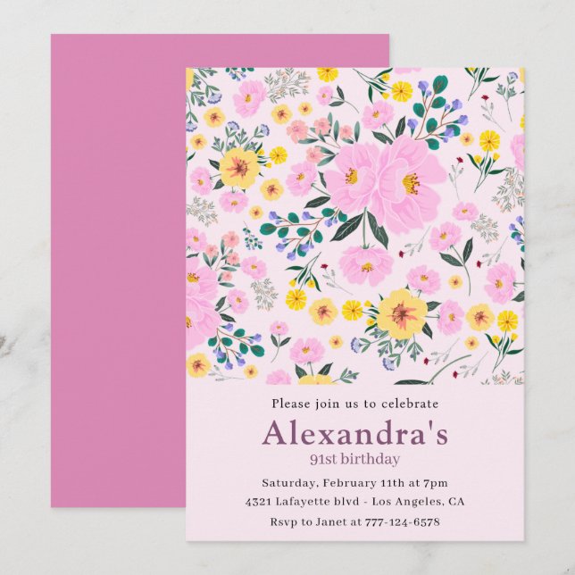 Cartes d'invitation élégantes rétro fleurs pour 91 (Devant / Derrière)