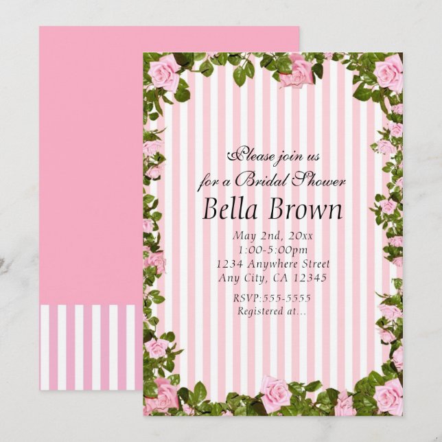 Cartes d'invitation élégantes roses et rayures bla (Devant / Derrière)