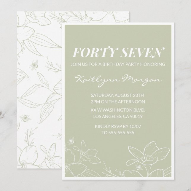 Cartes d'invitation élégantes vertes florales pour (Devant / Derrière)