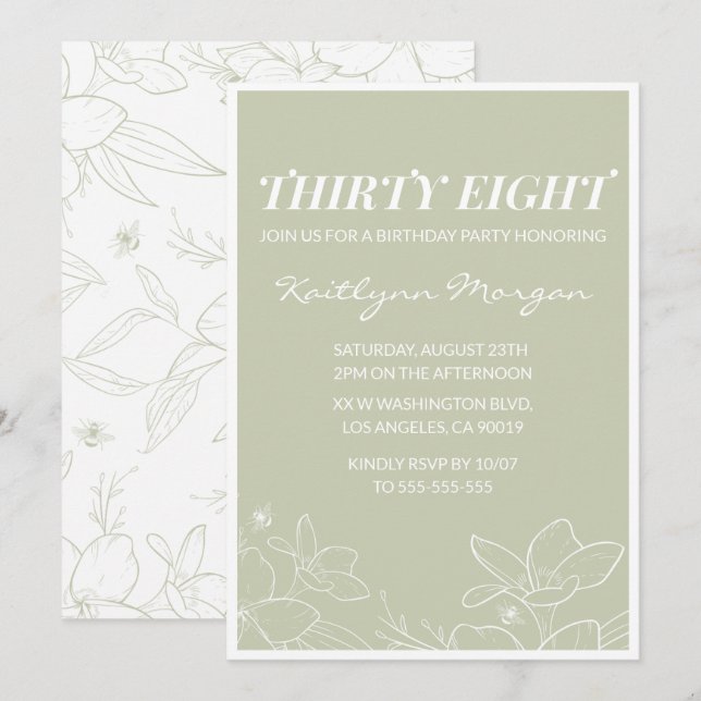 Cartes d'invitation élégantes vertes florales pour (Devant / Derrière)