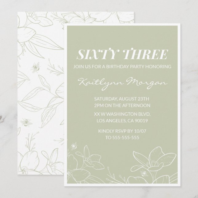 Cartes d'invitation élégantes vertes florales pour (Devant / Derrière)