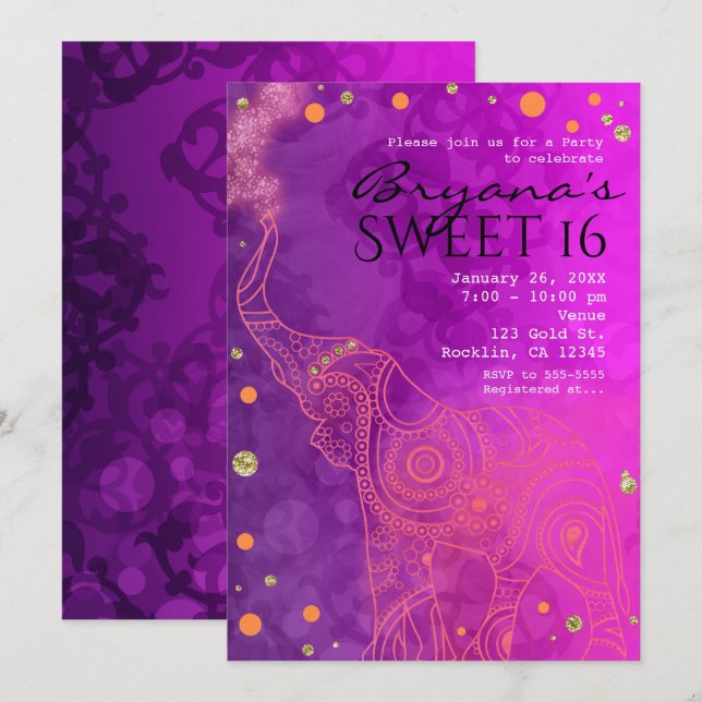 Cartes d'invitation Éléphant Violet Rose Orange &  (Devant / Derrière)