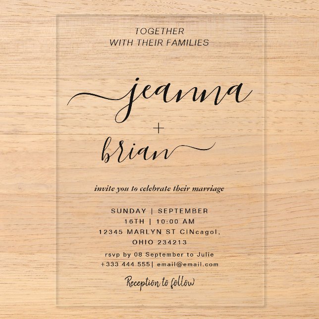 Cartes d'invitation en acrylique avec calligraphie (Recto)