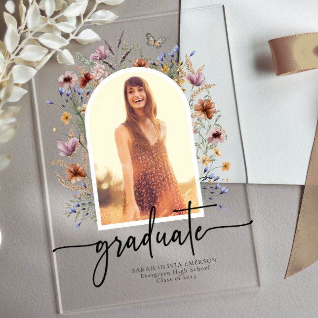 Cartes d'invitation en acrylique pour diplômés aux (Boho Wildflower Graduate Photo Acrylic Invitations with Butterfly by Painted Paperie
)
