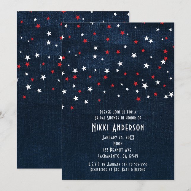 Cartes d'invitation en denim étoilées Rouge Blanc  (Devant / Derrière)