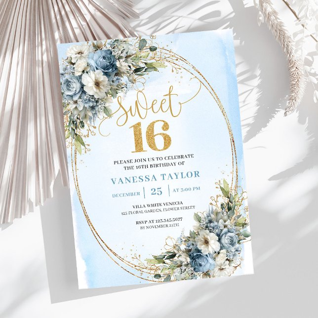 Cartes d'invitation Enchantées Fleuries Bleu Pouss (Enchanting Dusty Blue Floral Sweet Sixteen Invitation)