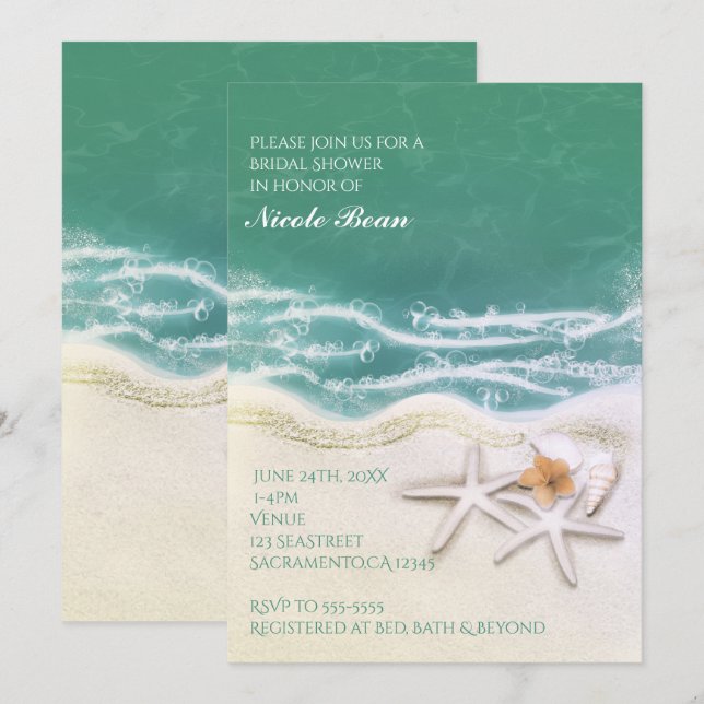 Cartes d'invitation étoile de mer sur la plage eau (Devant / Derrière)