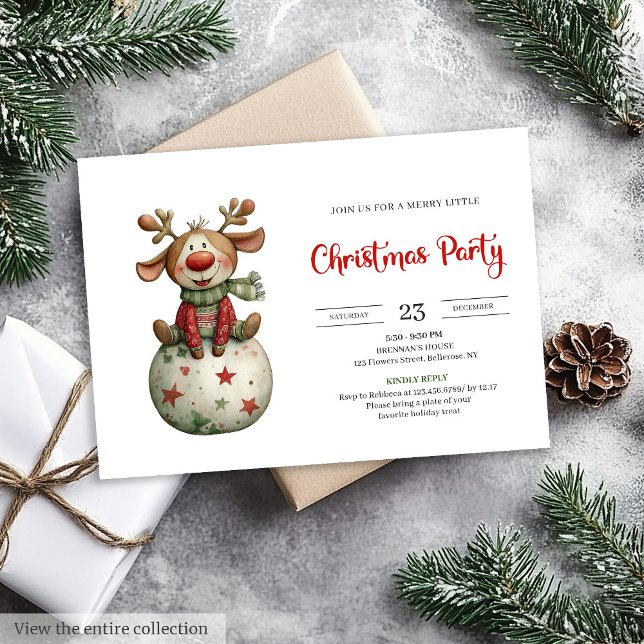Cartes d'invitation festives de Noël à l'aquarelle (Funny Reindeer festive watercolor holiday invitation)