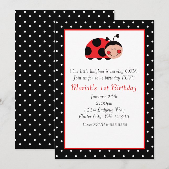 Cartes d'invitation fête coccinelle à pois rouges  (Devant / Derrière)