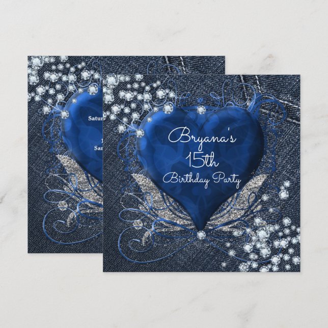 Cartes d'invitation Fête Cœur Bleu Denim & Diamond (Devant / Derrière)