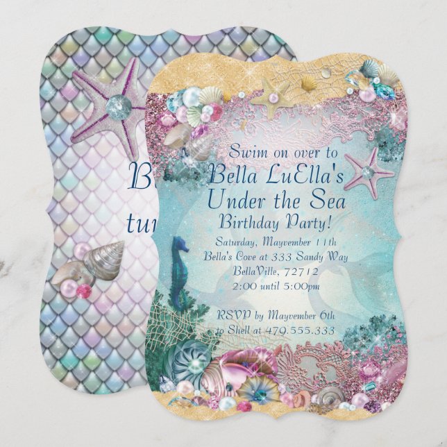 Cartes d'invitation Fête de la Sirène sous la mer (Devant / Derrière)