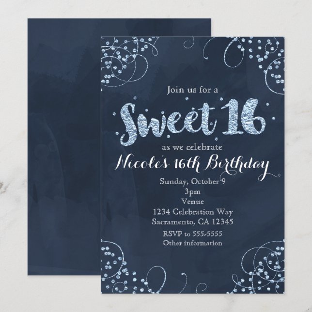 Cartes d'invitation fête douce 16 ans thème hiver  (Devant / Derrière)