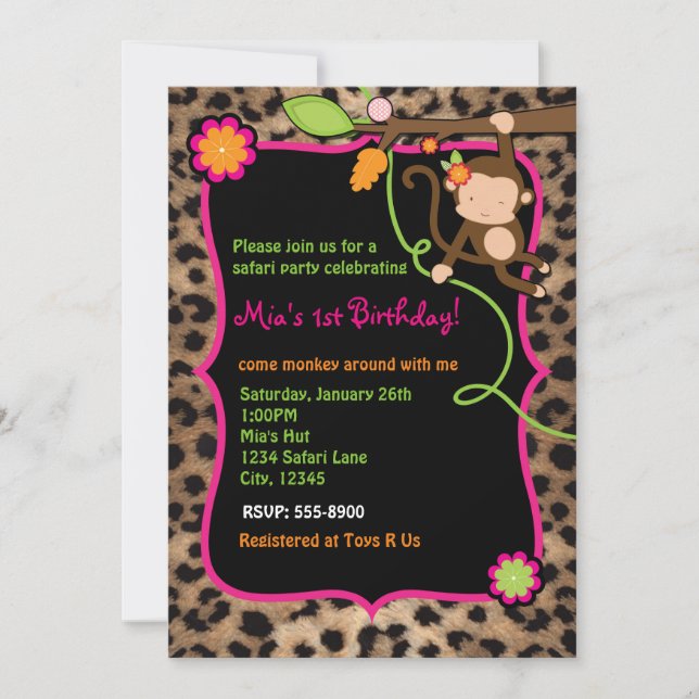 Cartes d'invitation Fille Singe Safari Chic Jungle (Devant)