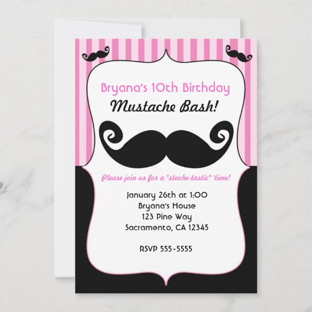 Cartes d'Invitation Filles Bash Moustache Rose Bla (Devant)