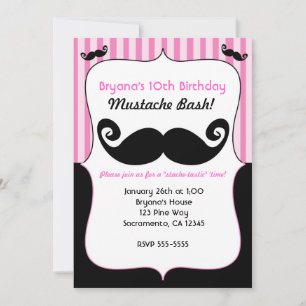 Cartes d'Invitation Filles Bash Moustache Rose Bla