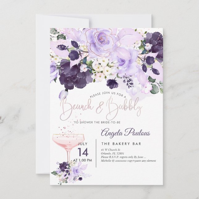 Cartes d'invitation Fleurs Violet Bulles de Brunch (Devant)