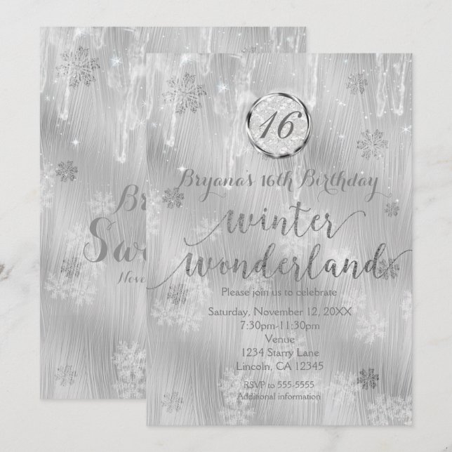 Cartes d'invitation flocons de neige argentés pour (Devant / Derrière)