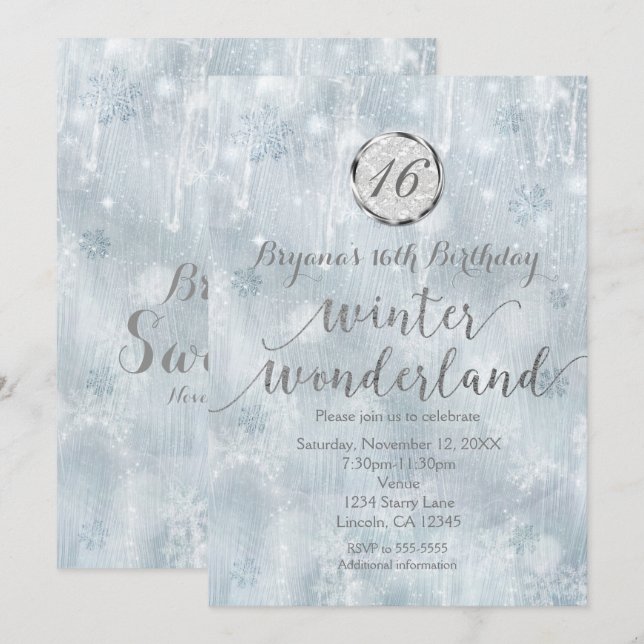 Cartes d'invitation Flocons de neige sur glace bla (Devant / Derrière)