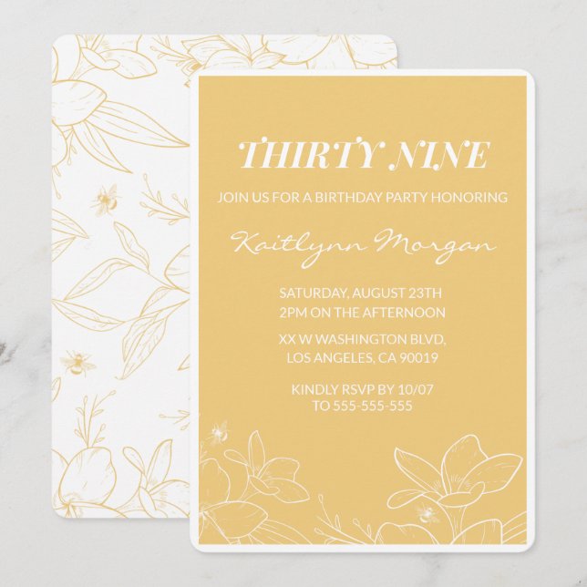 Cartes d'invitation Floral Moderne Jaune pour 39èm (Devant / Derrière)