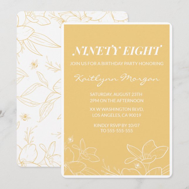 Cartes d'invitation Floral Moderne Jaune pour 98èm (Devant / Derrière)